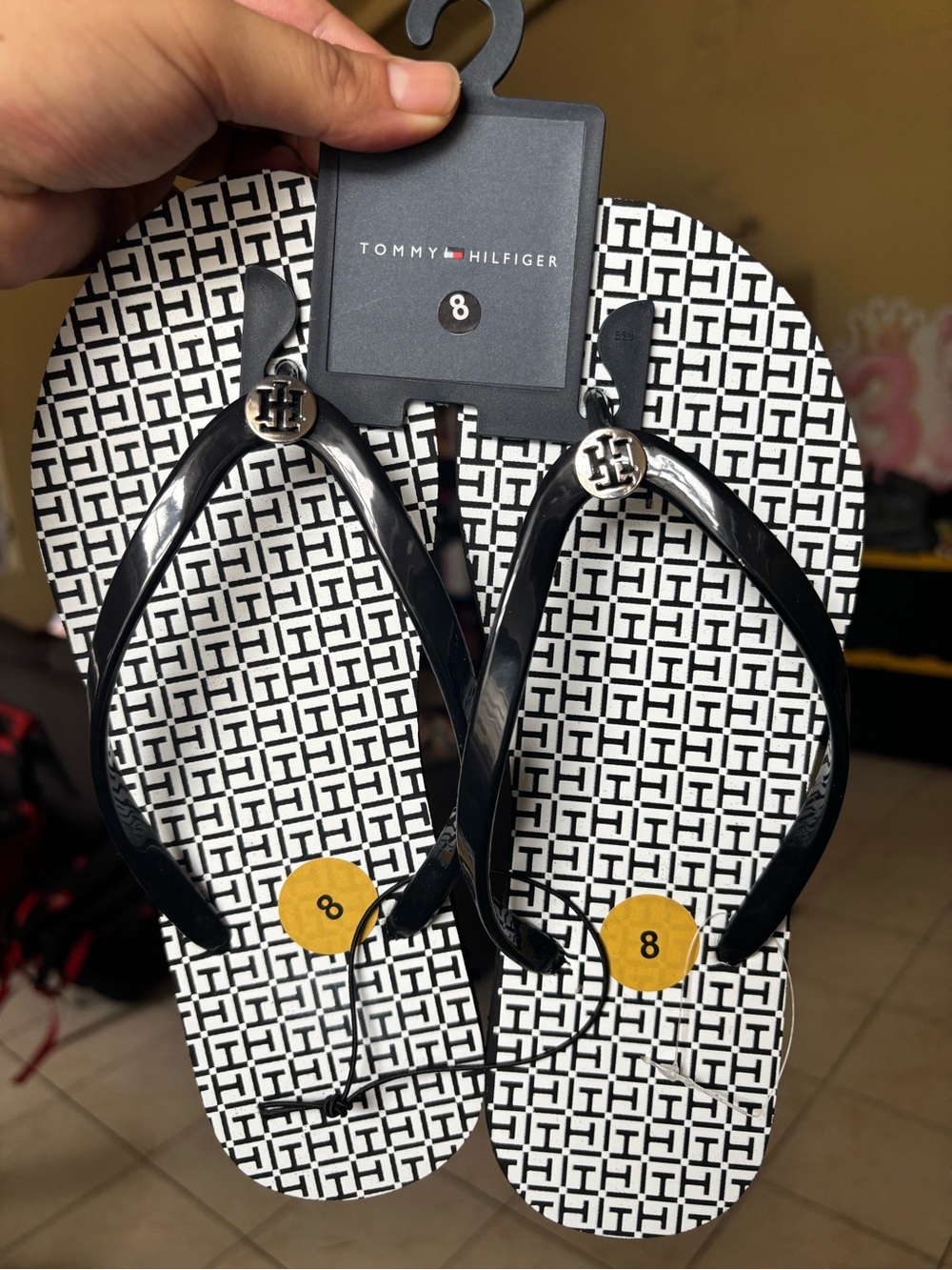 Tommy Hilfiger Black & White Logo T-strap Flip Flops